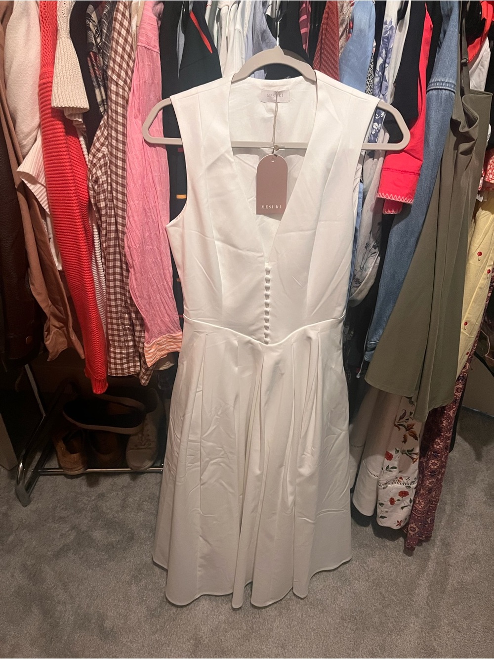 Meshki Keely White Cotton V-Neck Sleeveless Fit-and-Flare Midi Dress